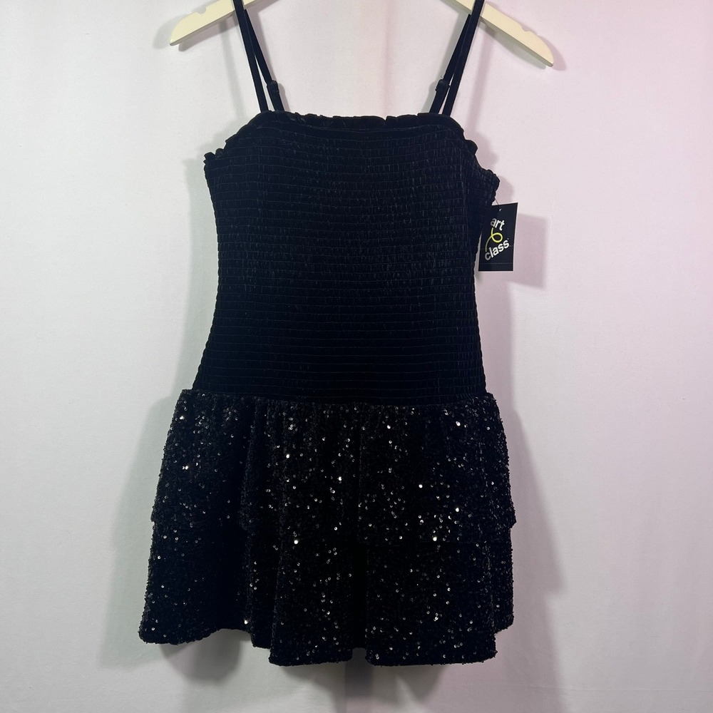 Art Class Girls Black Velvet Smocked Tiered Sequin Dress Medium 8
